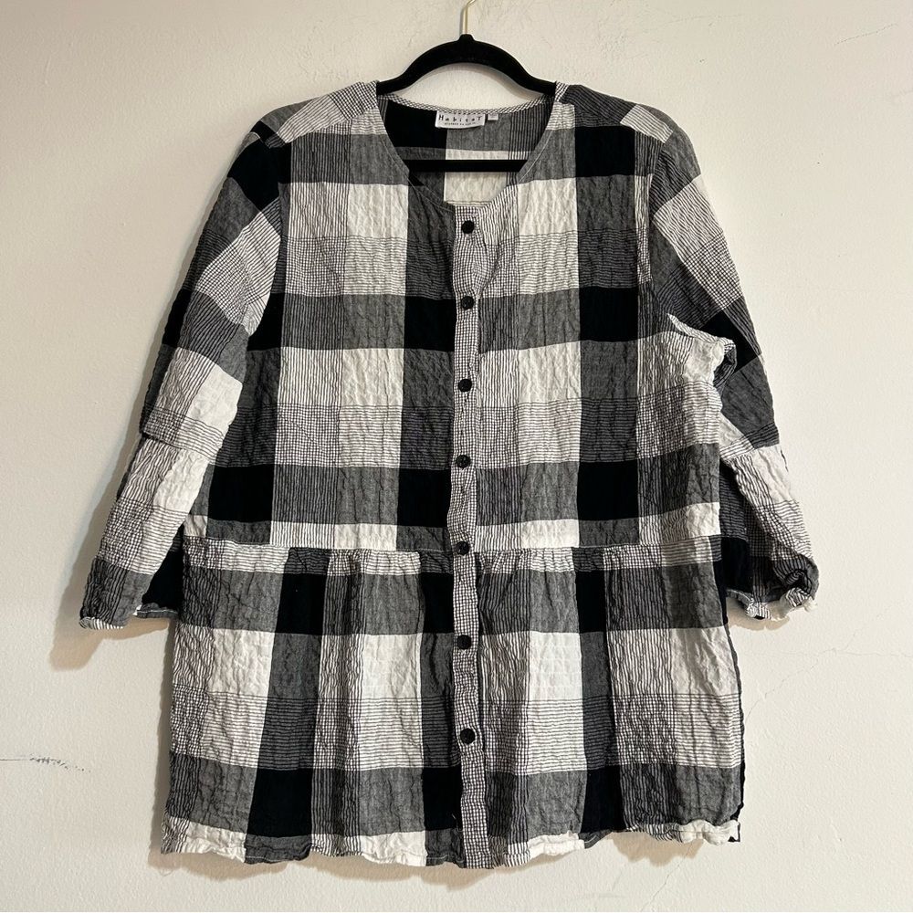 Habitat Black & White Plaid Bell Sleeve Button Front Crinkle Blouse Size XL